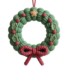 Crochet Christmas wreath ornament with bow, handmade festive holiday decoration isolated on white background