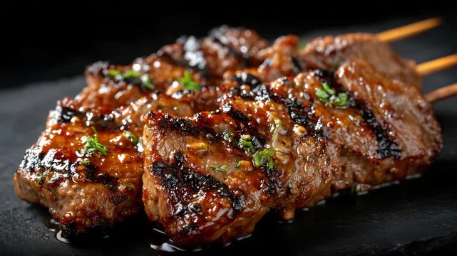 36Close-up of perfectly grilled meat skewers with glistening juices, charred edges, and rich caramelized textures, set against a deep matte black background for dramatic contrast.