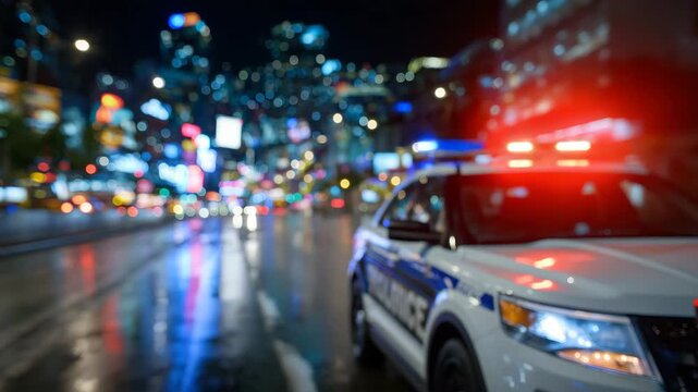 36Close-up of a police cruiser with red and blue sirens blazing, wet pavement reflecting the lights, blurred city lights and neon signs in the distance, capturing intense nighttime u