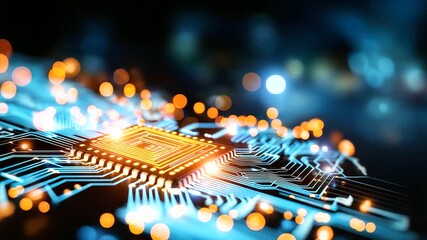 Abstract digital artwork featuring glowing neon circuit board, advanced technology and innovation symbolism, tech blogs AI content and digital marketing materials, defocused backgr