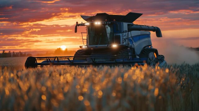 38Powerful modern combine photographed from below as it cuts a path through shimmering wheat, the sky blazing in deep sunset oranges; floating chaff creates glowing patterns in the w