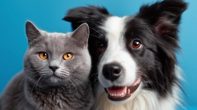 Happy cat and dog friends pose together in colorful backdrop for a joyful moment