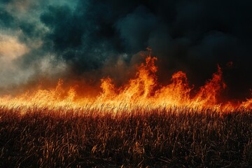 Field of dry grass is on fire, with flames shooting up into sky. scene is dark and ominous, with smoke and flames creating sense of danger and destruction