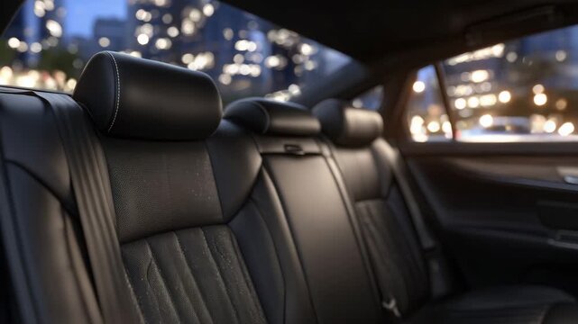 41High-detail shot of a modern automobile&rsquo;s rear cabin, showcasing smooth black leather seats and fastened belts, illuminated by subtle reflective highlights; the open door invites v