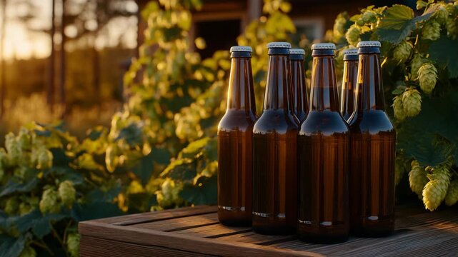 43Golden-hour farm scene featuring amber beer bottle, hop cones glistening under sun rays, green vines framing the bottle, evoking harvest season and sustainable ingredient sourcing