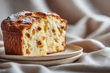 Panettone cake slice with dried fruit on ceramic plate evokes Italian holiday traditions and festive culinary culture