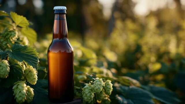 45Macro perspective of amber beer bottle with fresh hop plants surrounding it, sunlit hops glowing under warm golden light, reflecting natural farming and quality brewing ingredients