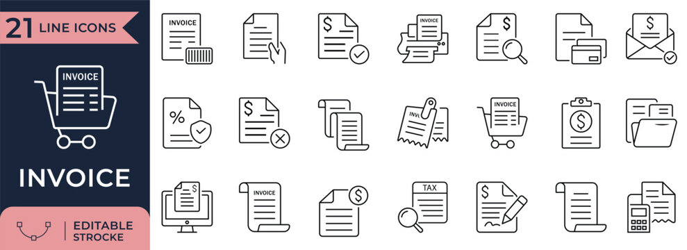 Invoice and billing line icons for business payment. Features editable stroke receipt, tax, and transaction symbols.

