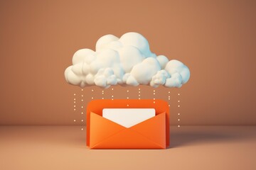 Cloud storing an open orange envelope with data rainfall, symbolizing communication