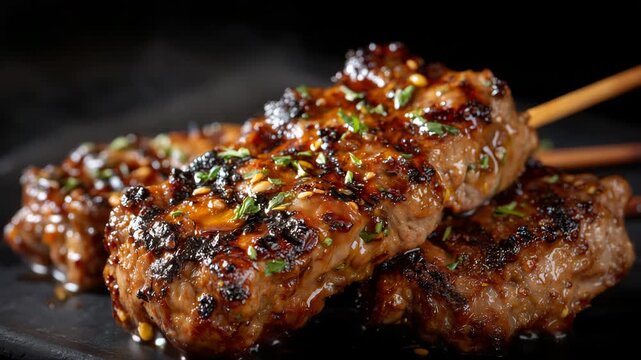 49Macro view of tender roasted meat on skewers coated with spicy glaze, fibers and grill pattern visible, illuminated by warm highlights on a black velvet background.
