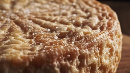 A captivating closeup shot revealing the intricate textured rind of a gourmet artisanal cheese wheel beautifully speckled with glistening salt crystals showcasing its rustic charm and aged character .