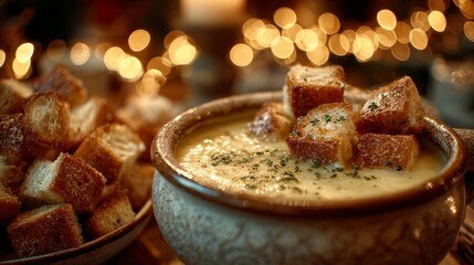 Swiss cheese fondue pot with herbs and toasted bread cubes evokes cozy gatherings, festive dining, and winter holiday traditions