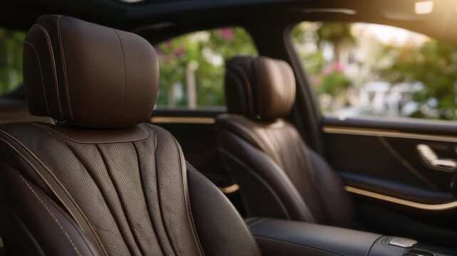 52High-detail macro view of plush brown leather upholstery inside an expensive modern S-class vehicle, showcasing refined stitching patterns and polished metallic accents