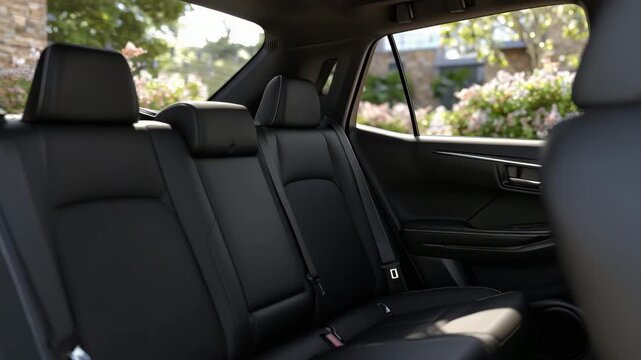 53Wide interior shot of a modern family vehicle showcasing the black leather rear seats with seatbelts secured; the open door reveals the sleek bodyline and enhances the sense of acc