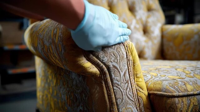 Medium shot of a professional upholsterer replacing faded fabric on a classic sofa emphasizing color restoration and material transformation.