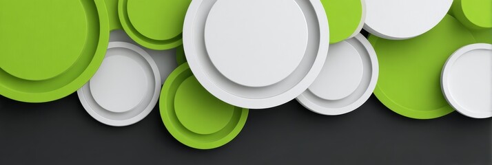 Modern abstract background featuring layered white and green circles on dark surface, suitable for branding, presentations, or digital marketing