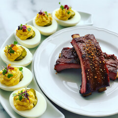 Deviled Ostrich Egg, Smoked Dog Ribs & Crispy Rye Bread