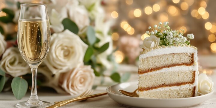 Slice of elegant wedding cake with white frosting, champagne glass, white rose bouquet, and warm bokeh lights evoke romantic celebration atmosphere