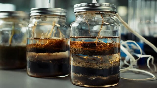 Medium shot of a microbial fuel cell utilizing sediment layers to convert organic waste into renewable energy in a controlled laboratory setting.
