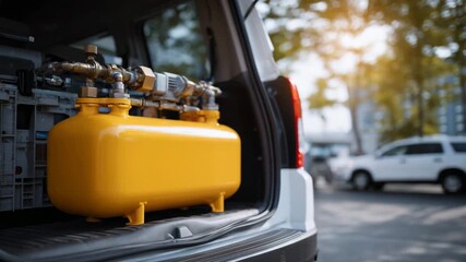 76Vehicle trunk displaying bright yellow natural gas tank, connected pipes and safety valves visible, sunlight highlighting eco-friendly automotive technology and methane-powered alt - Powered by Adobe