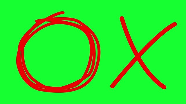 Overlapping red circle and cross mark isolated on green screen.  Repeating circles to attract attention, crosses to indicate judgment (bad, wrong, rejected, avoided, successful, failed or not done).