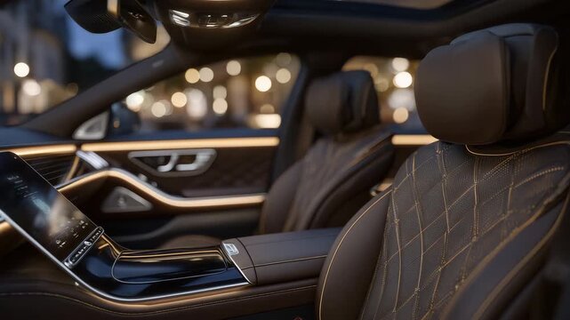 67High-end S-class interior detail showing luxurious brown leather surfaces, meticulously stitched contours, and elegant metallic inlays illuminated by warm cabin lighting