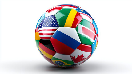 A highly detailed ultra-realistic studio illustration of a soccer ball covered with multiple national flags symbolizing an international football tournament in 2026, classic spheri