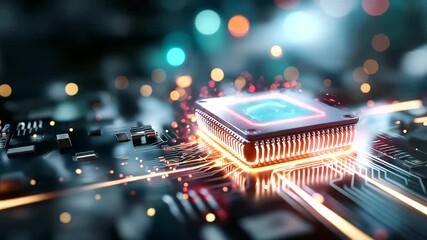 Abstract digital illustration of glowing microchip with neon circuitry, modern technology and innovation representation, tech blogs AI content and digital marketing materials, defo - Powered by Adobe