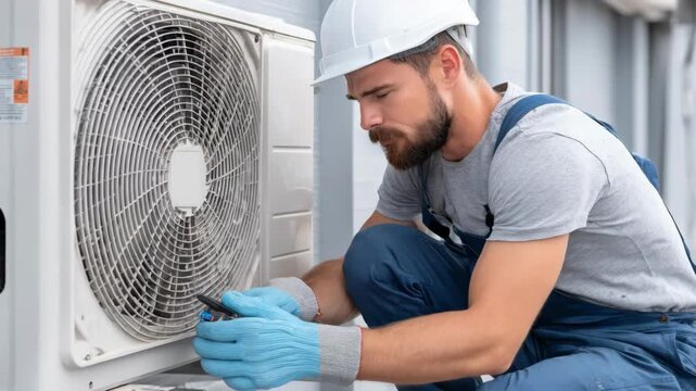 Engineer testing servo motor components inside an air conditioning unit ensuring precise operation of climate control mechanisms.