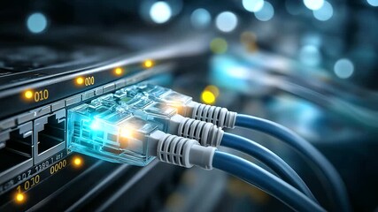 Network cables plugged into switch, glowing LED indicators and binary code background, data transfer in modern server room environment, defocused elements, with copy space - Powered by Adobe