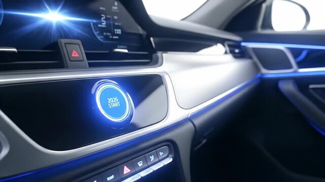Modern car dashboard display activating with futuristic digital interface and smooth controls