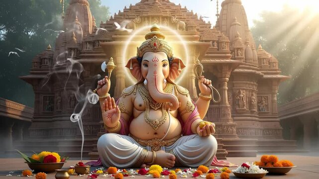 Majestic lord ganesha in temple light: spiritual serenity and cultural reverence