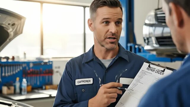 Mechanic discussing vehicle repairs with client inside garage workshop