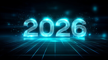 Futuristic digital background featuring large glowing blue "2026" numbers floating above a dark perspective grid floor, neon cyan light effects and sparkling particles surrounding