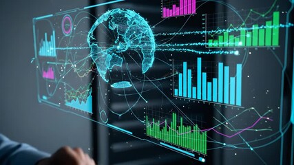 Interactive global data visualization on futuristic digital screens with finger gesture control - Powered by Adobe