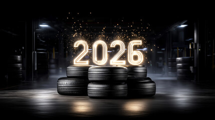 A dramatic and modern New Year 2026 automotive concept featuring illuminated glowing numbers "2026" made of bright neon-style light, each digit placed on top of stacked car tires.