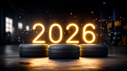 A dramatic and modern New Year 2026 automotive concept featuring illuminated glowing numbers "2026" made of bright neon-style light, each digit placed on top of stacked car tires.