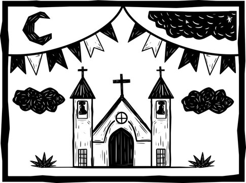Folk Art Church Illustration with Banners and Moon. Woodcut style