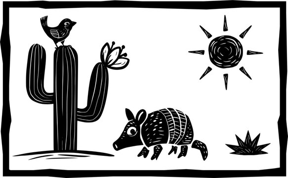 Southwestern Desert Illustration with Cactus, Armadillo, and Sun. Woodcut style