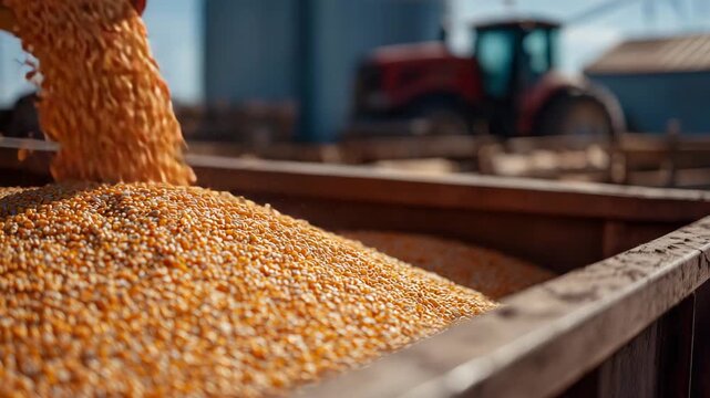 104Detailed rural farming image of corn being unloaded from a grain bin, crisp focus on kernels in motion, metal textures of the bin visible, harvest season and food production emphas