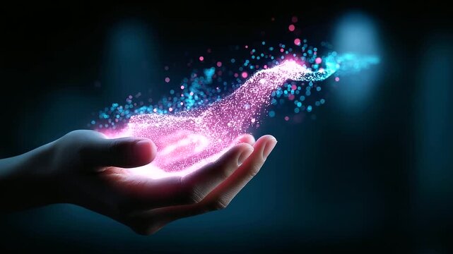 Glowing hand made of pink and blue digital particles faceless, holding 5G technology concept, futuristic mobile connectivity imagery, networks and innovation evolution, defocused b
