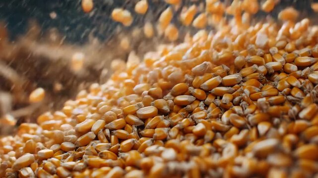 106Close-up agricultural process image of corn kernels spilling freely, golden yellow palette, dynamic movement, clean rural environment, modern food supply chain concept