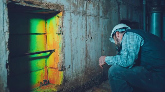 Infrared camera operator scanning building walls to locate moisture intrusion behind surfaces highlighting temperature differences linked to water leaks.