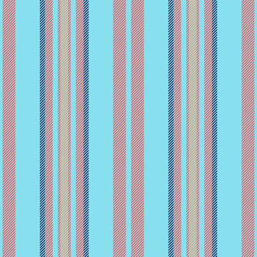 Tamask vector seamless fabric, poster textile texture lines. Ved vertical stripe background pattern in cyan and red colors.