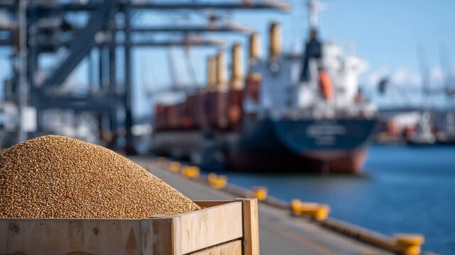 118Grains stored in open boxes on a dockside, detailed kernels and rough packaging textures in sharp focus, towering cargo vessel behind, industrial port atmosphere highlighting inter
