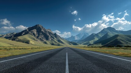 Naklejka premium A straight road leads into the mountains with green grass and rocky peaks. The sky is clear with a few clouds. It looks like daytime in a rural area.