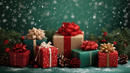 Obraz premium Several gifts wrapped in colorful paper are arranged on a snowy surface. Red and green decorations are seen alongside pine branches. Snow is falling gently around the scene.