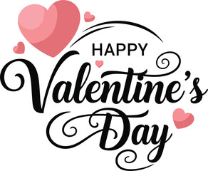 Happy Valentine's Day elegant black script typography with decorative swirls and multiple pink heart icons on white background.