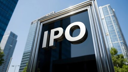 Dramatic ipo market launch amidst skyscraper backdrop in urban financial district