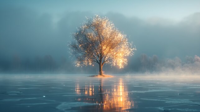 Glowing Tree Illuminated with Warm Lights on Misty Frozen Lake at Dawn